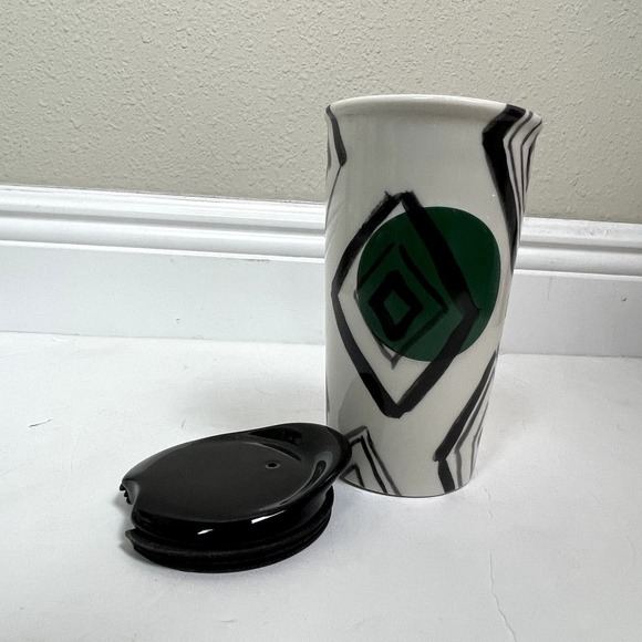 2014 Starbucks Travel Mug Ceramic Coffee Black Diamond Dot RARE 10 oz Tumbler - Picture 4 of 6